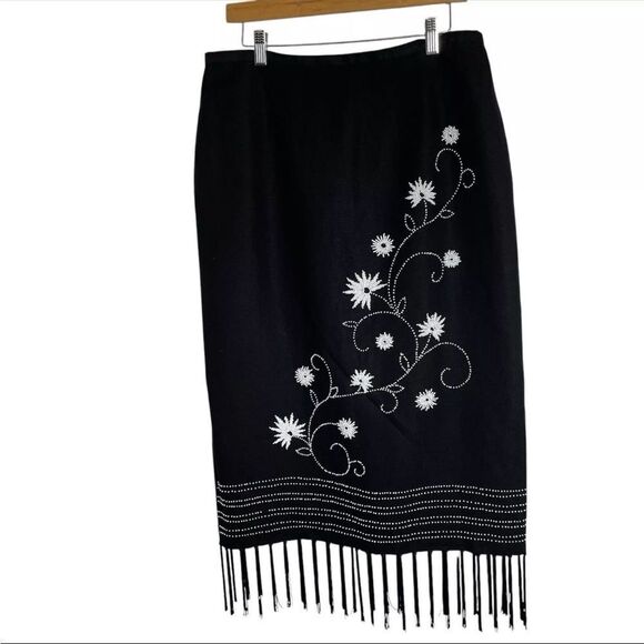 Vintage Plaza South Midi Skirt Black Beaded Fringe Boho Back Zipper Slit Size 12 - Picture 2 of 8